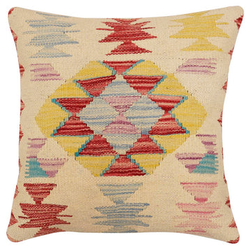handmade Traditional Pillow Beige Red Hand-Woven SQUARE 100% WOOL Hand woven turkish pillow2' x 2'